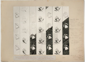 half-finished design for black and white striped textile with tulip-style flowers repeated across fabric