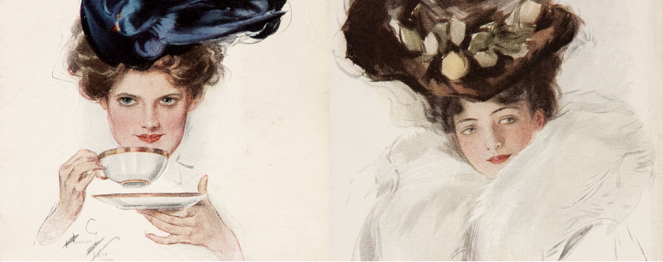 images from two postcards showing women in Edwardian hats and dress