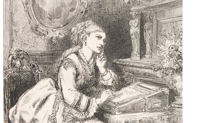 section of an illustration showing a woman sitting at a writing desk daydreaming