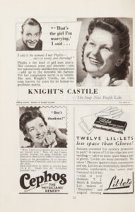 page of advertisements from modern woman magazine 1947 advertising Knight's Castile soap, Cephos powder for pain relief and lil-lets tampons