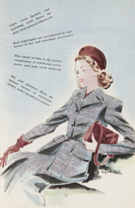 magazine drawing showing a woman in a 1940s tweed suit with red-crown hat, gloves and bag