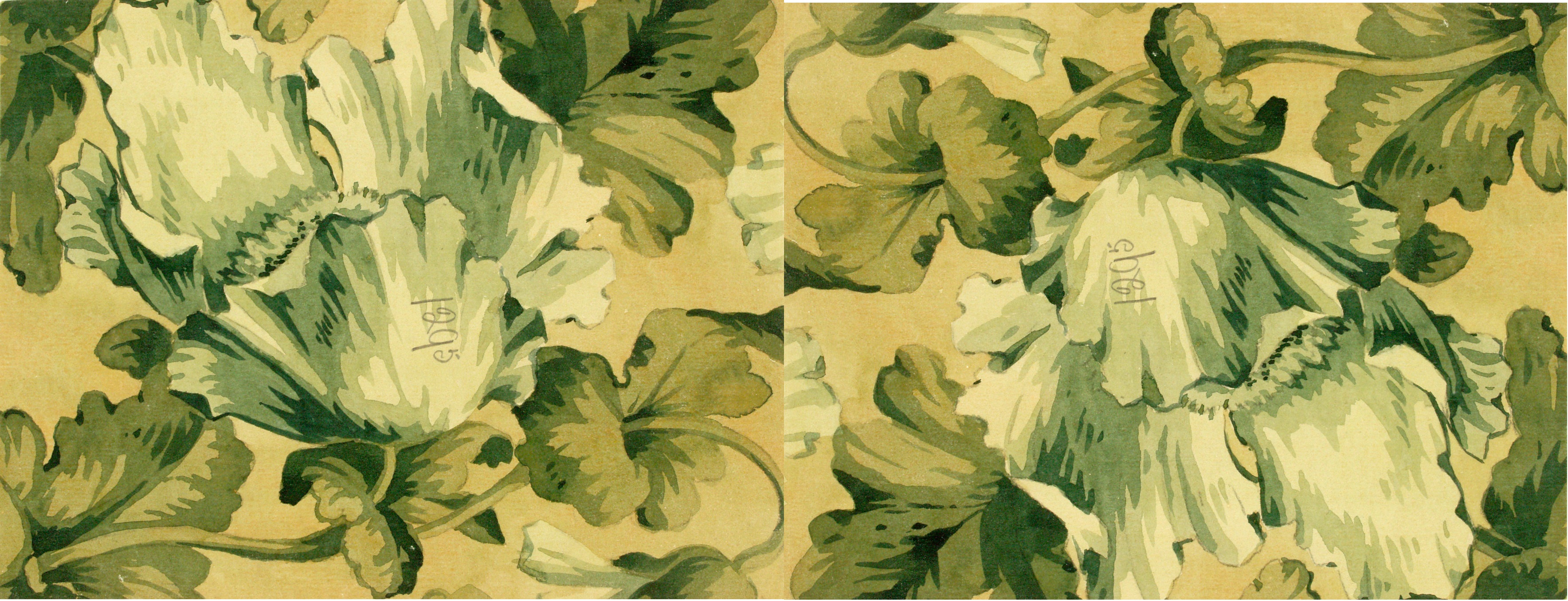 section of design for wallpaper with a poppy-like flower and leaf design