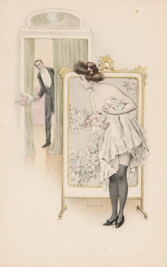 image of semi-dressed woman behind a screen with man coming through the door