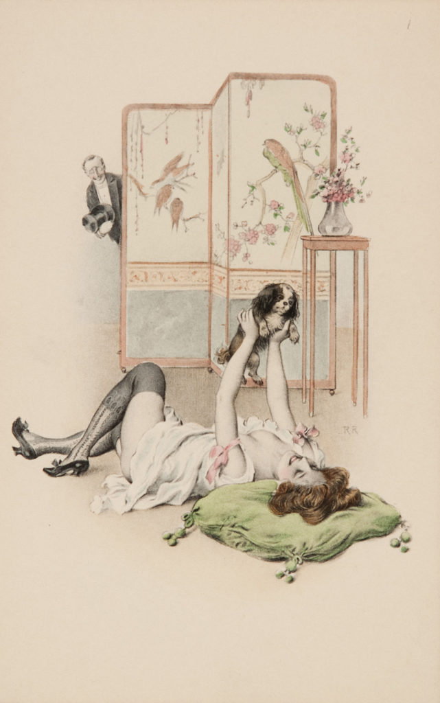 image of a woman in underwear lying on the floor playing with her dog with a man peeping around a screen