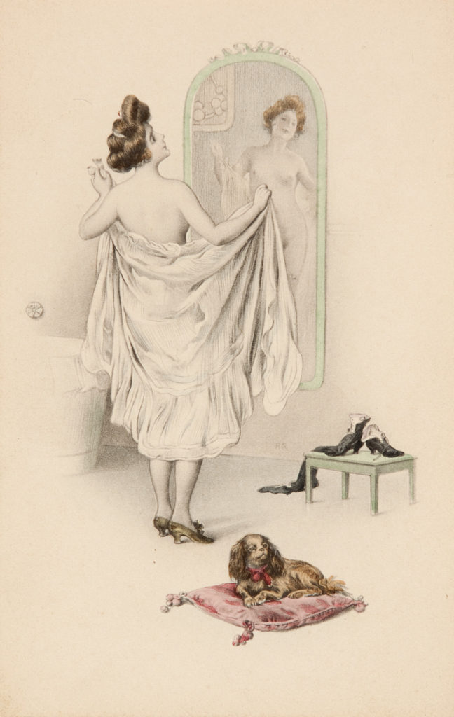 image of a woman drying herself with faint reflection in the mirror and dog in foreground