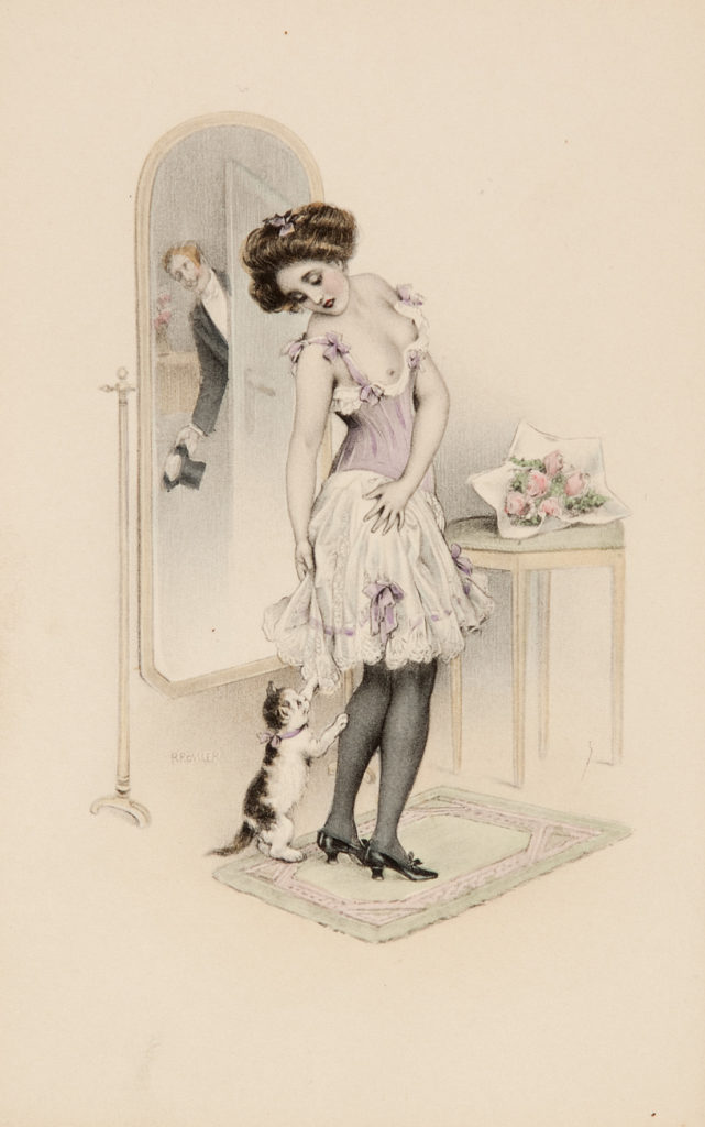 image of woman in underwear looking at cat scratching her tights with mirror behind showing man peeping round the door