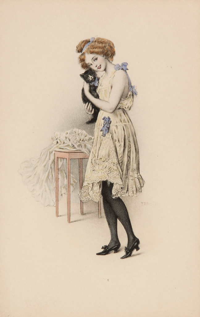 woman in underdress stockings and shoes holding a cat