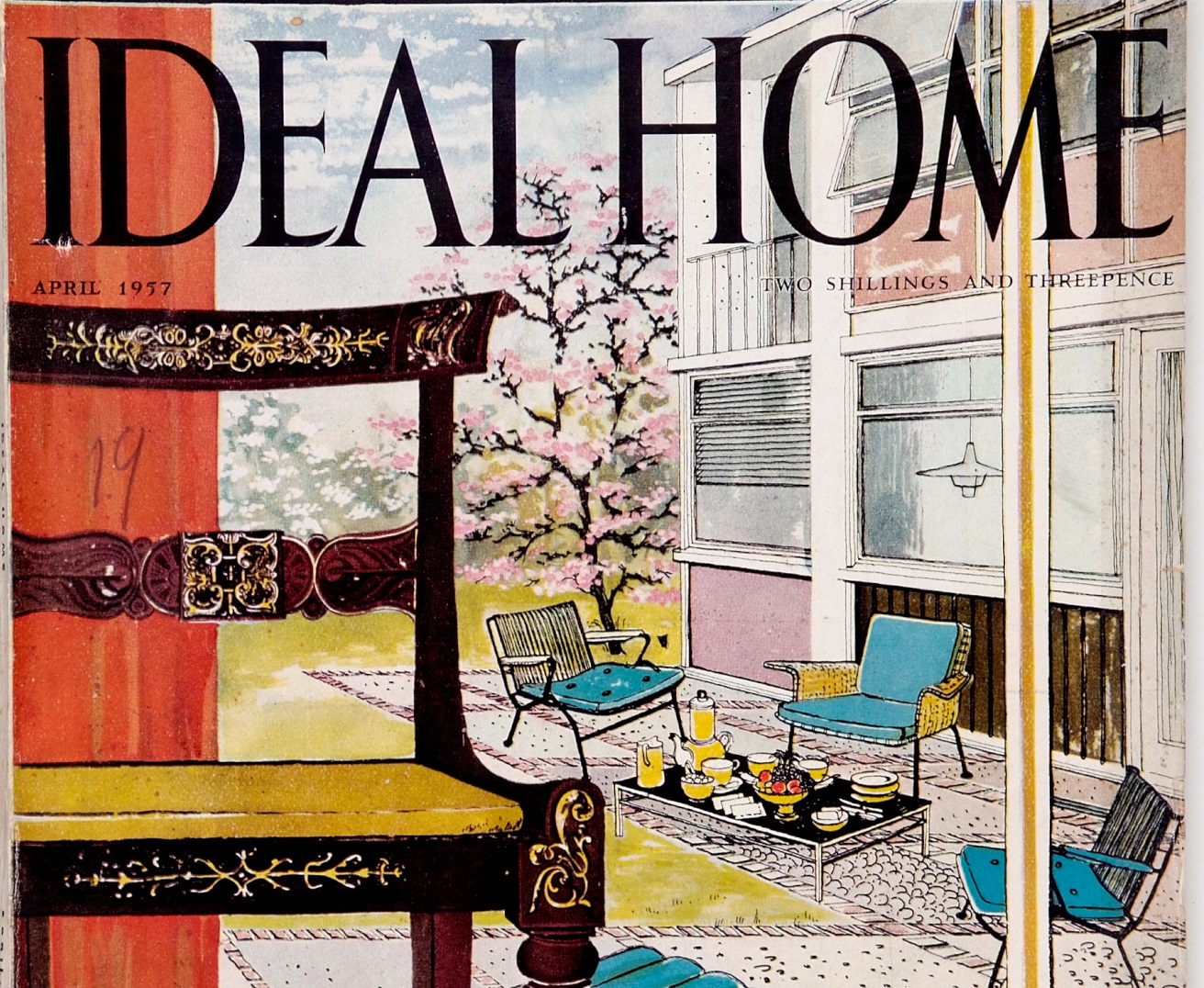 Cover of Magazine Ideal Home showing close-up of chair and house in the background