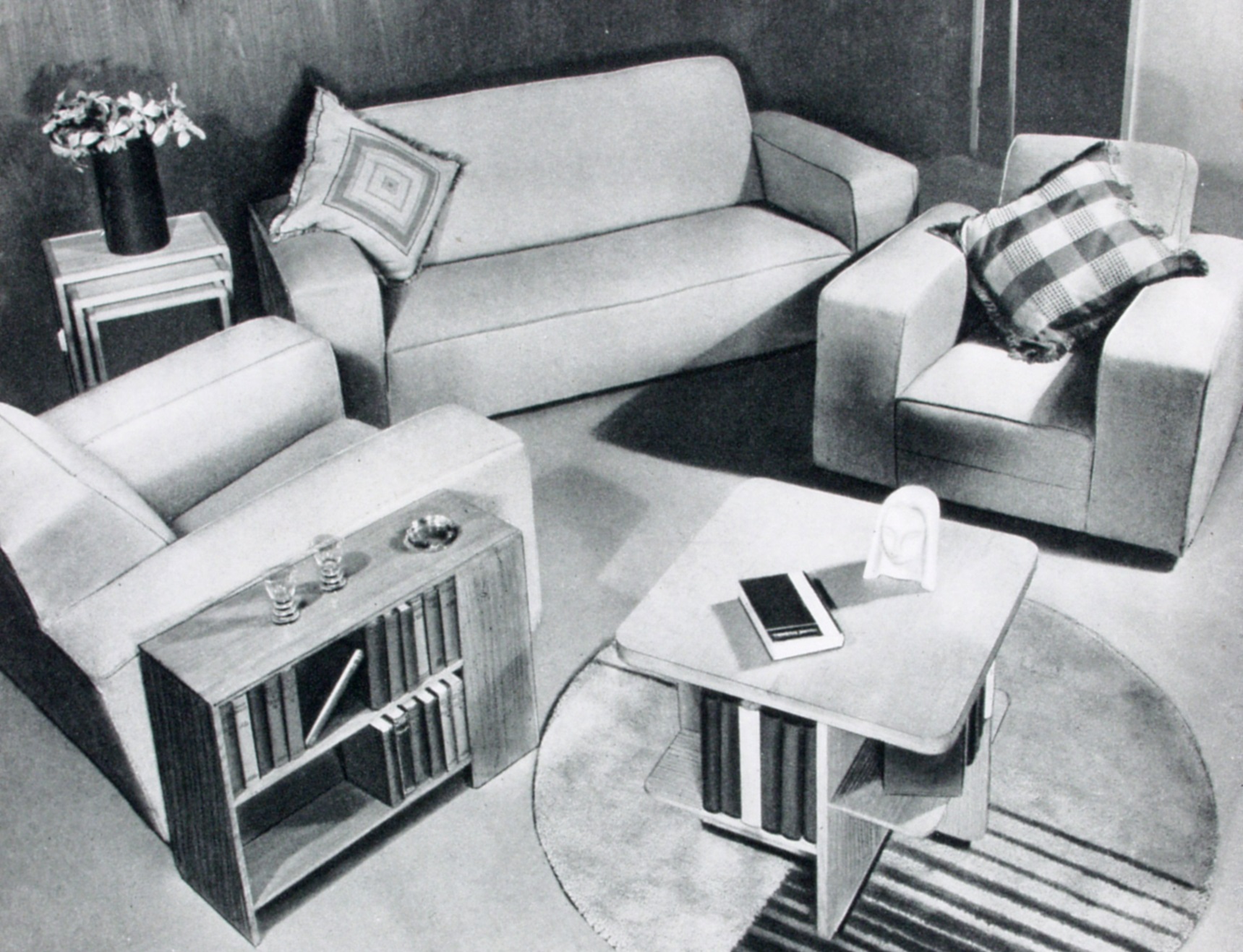 Black and white image of modernist furniture in domestic setting.