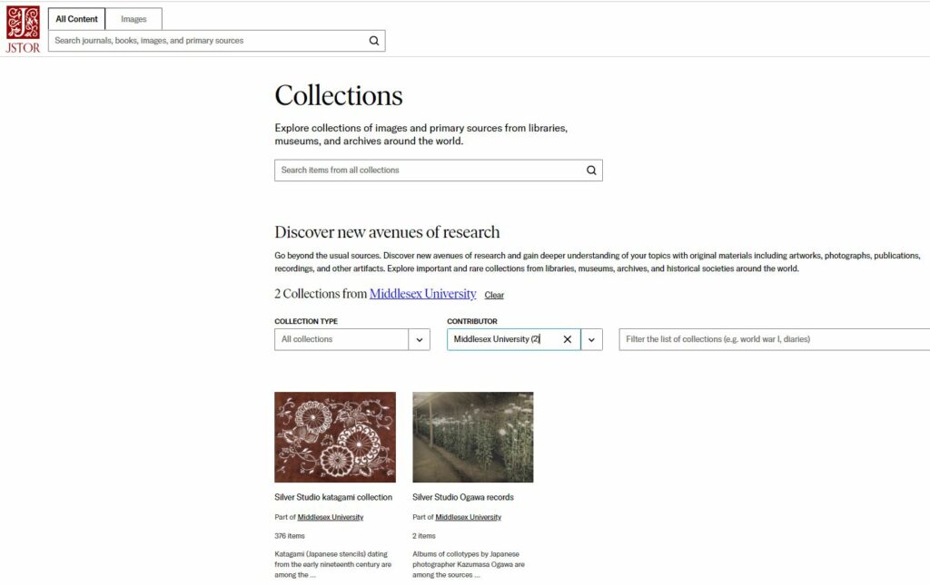 screen shot of Jstor Collections search page featuring MoDA's two collections